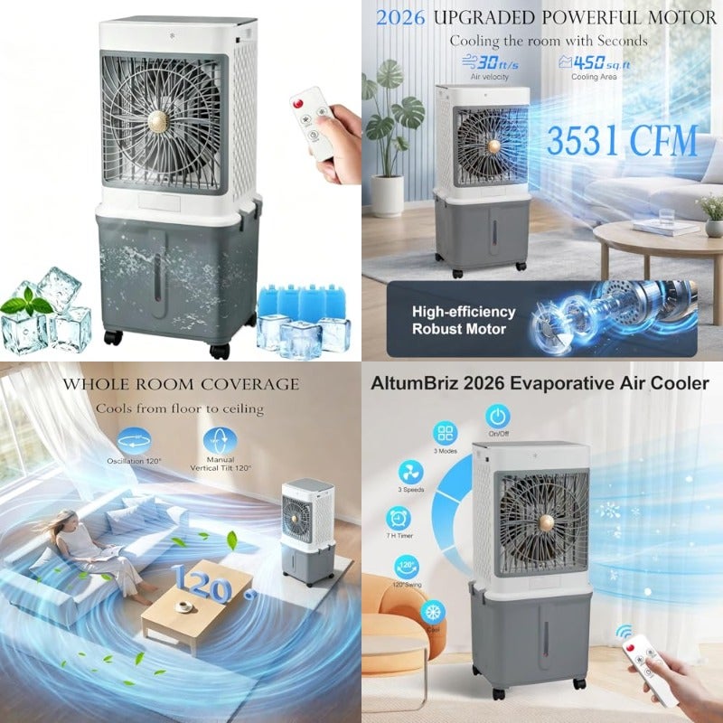 Evaporative Air Cooler Cooling Fan 3 Speeds with Remote Touch Control 120 Oscillating 7H Timer Portable ac Unit w 35L Water Tank with 4 Ice Boxes for Office and Home-Fragrance Model - Image 1