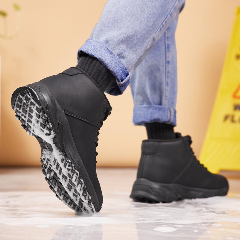 SHULOOK Non Slip Work Boots for Men Slip Resistant Shoes Waterproof Food Service Chef Kitchen Restaurant Working Boots Casual Leather Ankle Boot Outdoor Walking Booties Black Size 10 - Image 2
