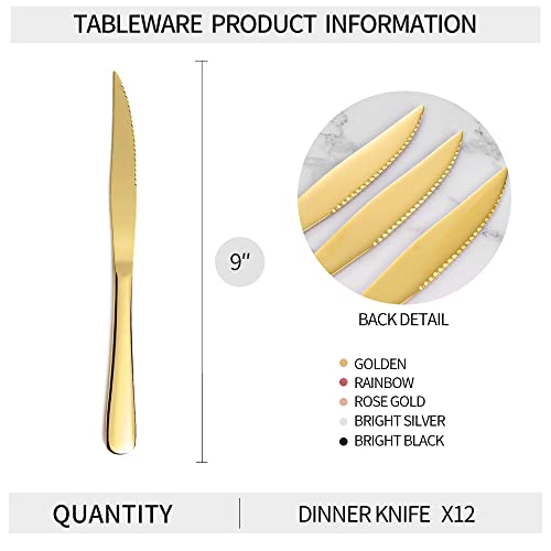 Xingjiake 12-Piece Gold Steak Knives Set, Stainless Steel Serrated Dinner Knives, Dishwasher Safe - Image 2