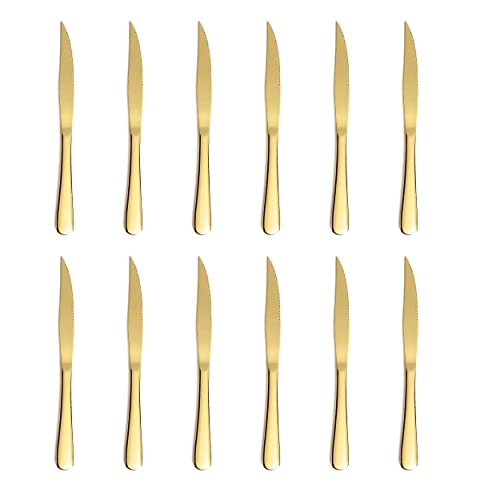 Xingjiake 12-Piece Gold Steak Knives Set, Stainless Steel Serrated Dinner Knives, Dishwasher Safe - Image 1