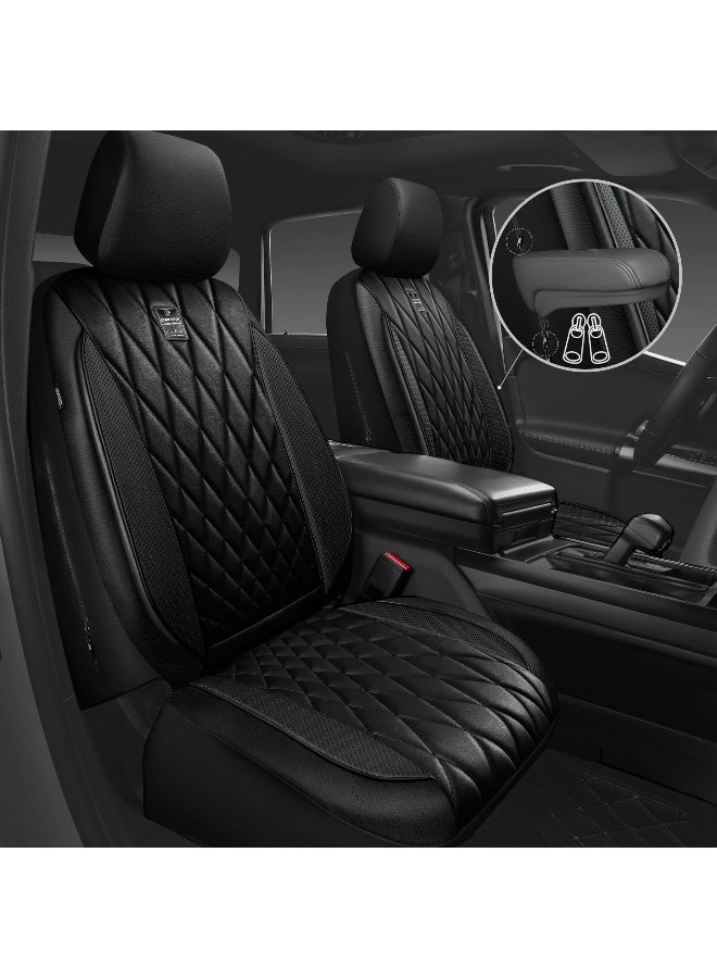 CAR PASS 5 Seats Piping Luxury Faux Leather Seat Covers Full Set AntiSlip Waterproof Seat Covers Compatible with Front Armrests Universal Fit for SuvsVansTrucksAirbag Compatible Pure Black - Image 2