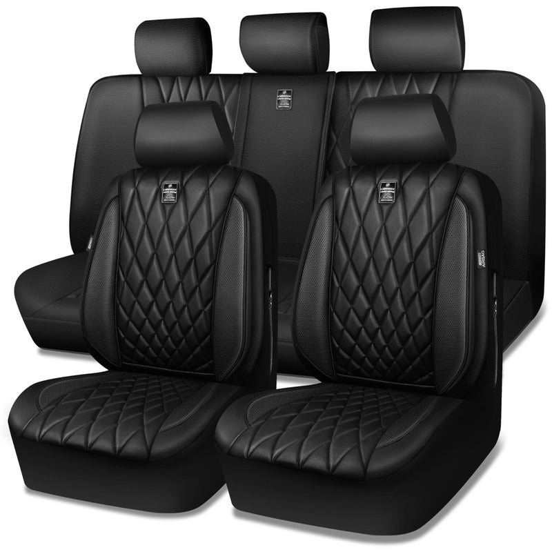 CAR PASS 5 Seats Piping Luxury Faux Leather Seat Covers Full Set AntiSlip Waterproof Seat Covers Compatible with Front Armrests Universal Fit for SuvsVansTrucksAirbag Compatible Pure Black - Image 1