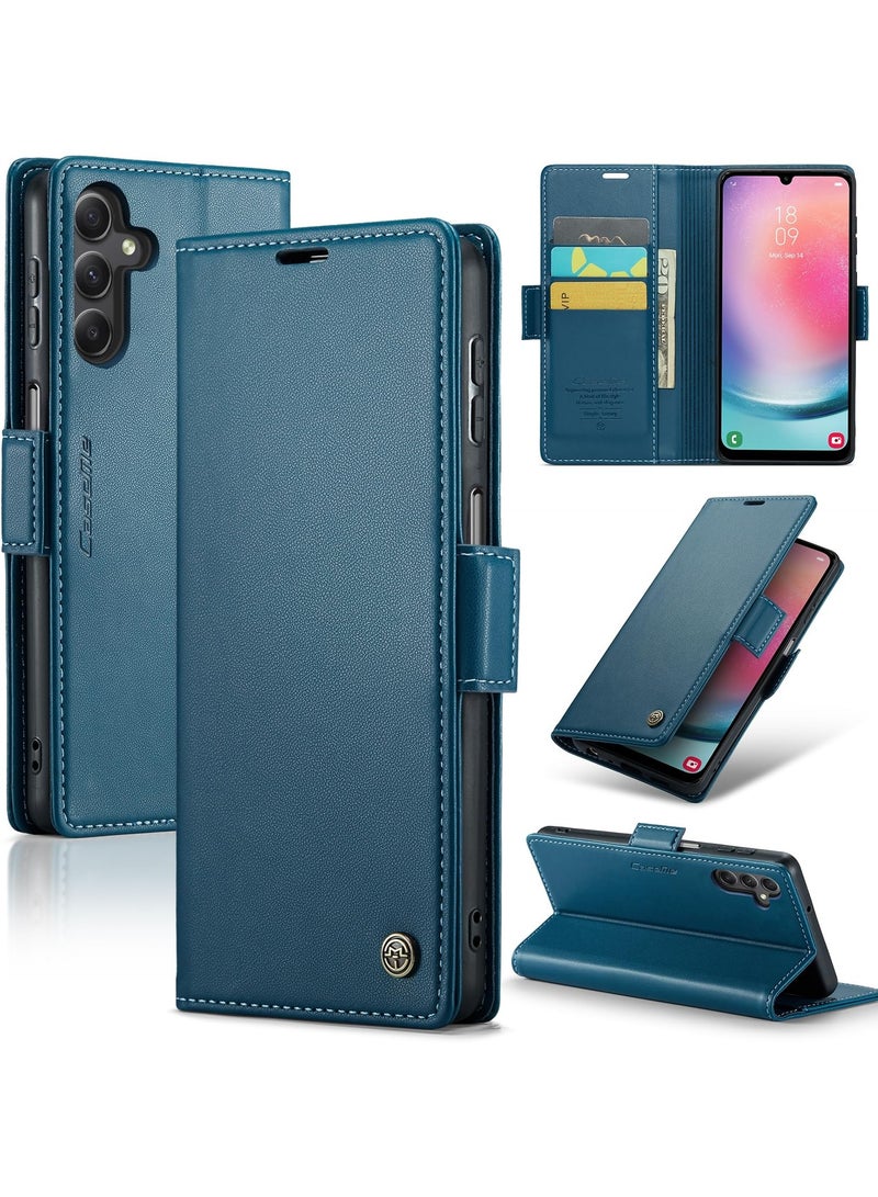 CaseMe Phone Case Luxury PU Leather Design Anti Fingerprint 023 Flip Cover Card Slot Holder Cover For Samsung Galaxy A24 (Blue) - Image 1