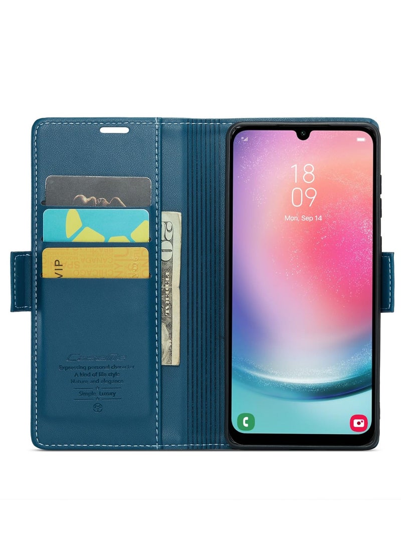 CaseMe Phone Case Luxury PU Leather Design Anti Fingerprint 023 Flip Cover Card Slot Holder Cover For Samsung Galaxy A24 (Blue) - Image 4
