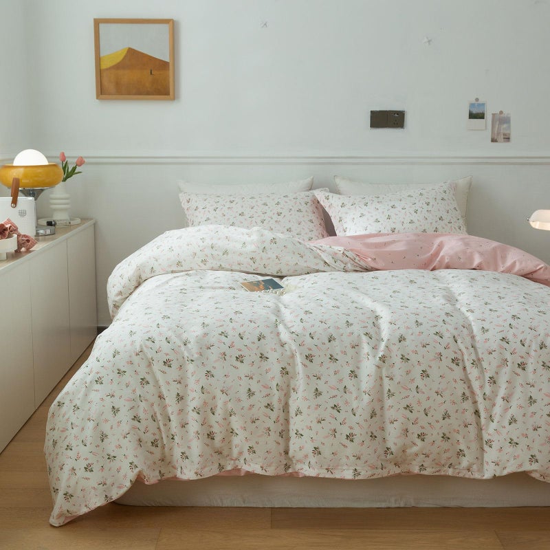 EAVD EAVD Vintage Style Garden Pink Floral Duvet Cover Queen 100% Cotton White Pink Floral Bedding Set for Girls Women Chic Shabby Boho Botanical Floral Comforter Cover with Zipper Closure 4 Ties  - Image 3