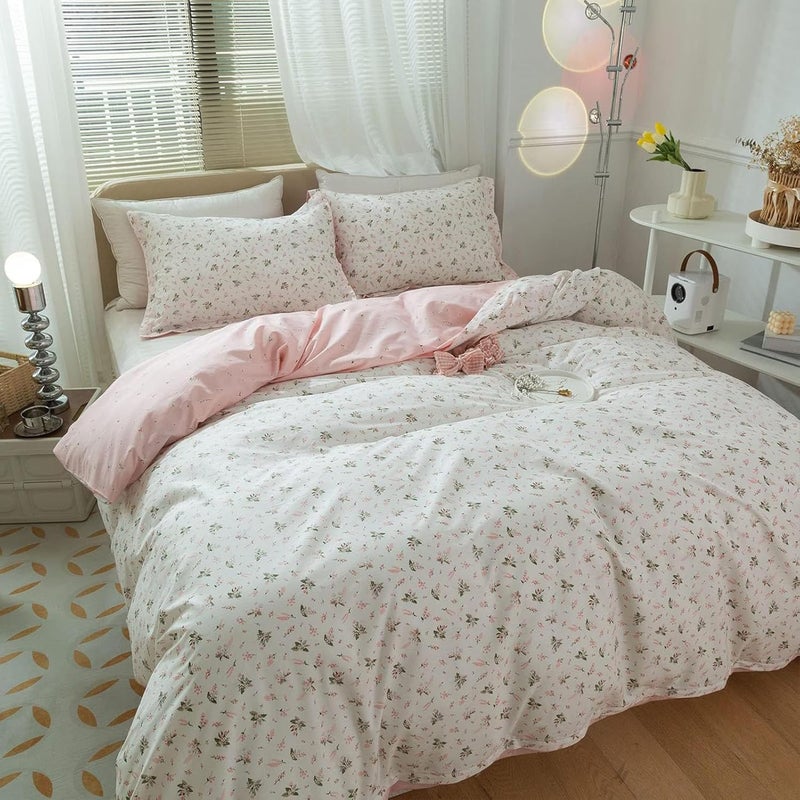 EAVD EAVD Vintage Style Garden Pink Floral Duvet Cover Queen 100% Cotton White Pink Floral Bedding Set for Girls Women Chic Shabby Boho Botanical Floral Comforter Cover with Zipper Closure 4 Ties  - Image 1
