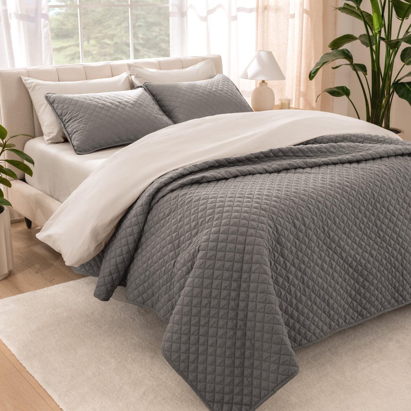 Bare Home Bare Home Coverlet Set  Lightweight Bed Decor  Comforter Alternative  AllSeason Quilted Bedspread FullQueen Grey 