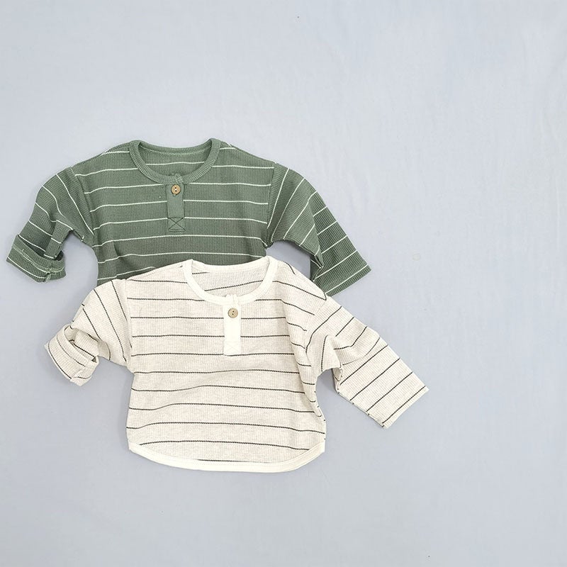 Korean Style Retro Artistic Striped T-shirt for Baby and Toddler Round Neck Spring and Autumn Waffled Cotton Base Shirt - Image 2