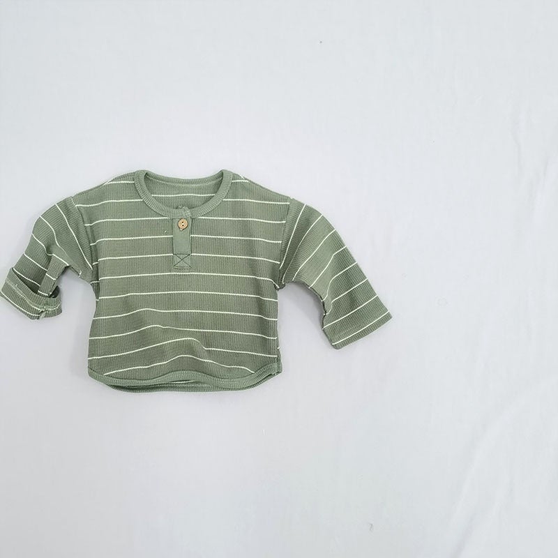 Korean Style Retro Artistic Striped T-shirt for Baby and Toddler Round Neck Spring and Autumn Waffled Cotton Base Shirt - Image 3
