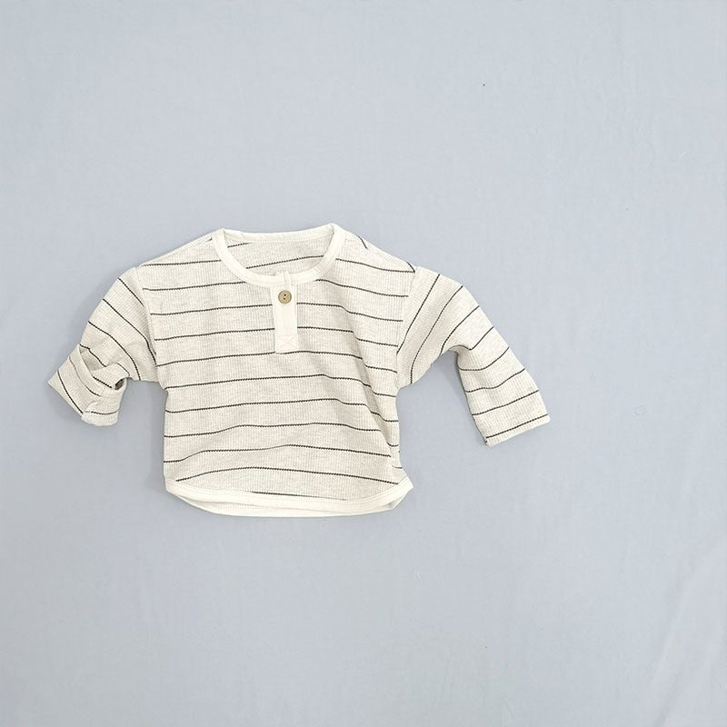 Korean Style Retro Artistic Striped T-shirt for Baby and Toddler Round Neck Spring and Autumn Waffled Cotton Base Shirt - Image 4