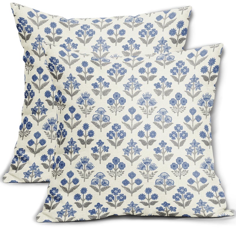 Blue Grey Gray Floral Block Print Pillow Covers 18x18 Inch Set of 2 Vintage Flower Pattern Decorative Throw Pillowcases Outdoor Farmhouse Cushion Covers Spring Summer Rustic Sofa Couch Bed Decor