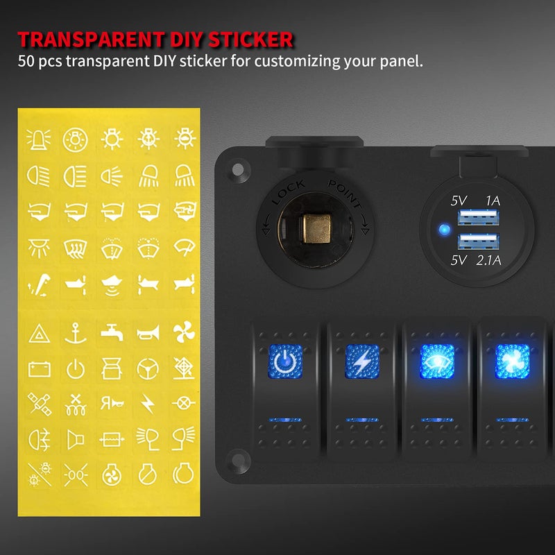 DaierTek 6 Gang Marine Rocker Switch Panel Waterproof 12 Volt, Boat Toggle Switch Panel 12V Blue LED Lighted for Boat Car RV UTV with USB Cigarette Lighter Socket Voltmeter - Image 4