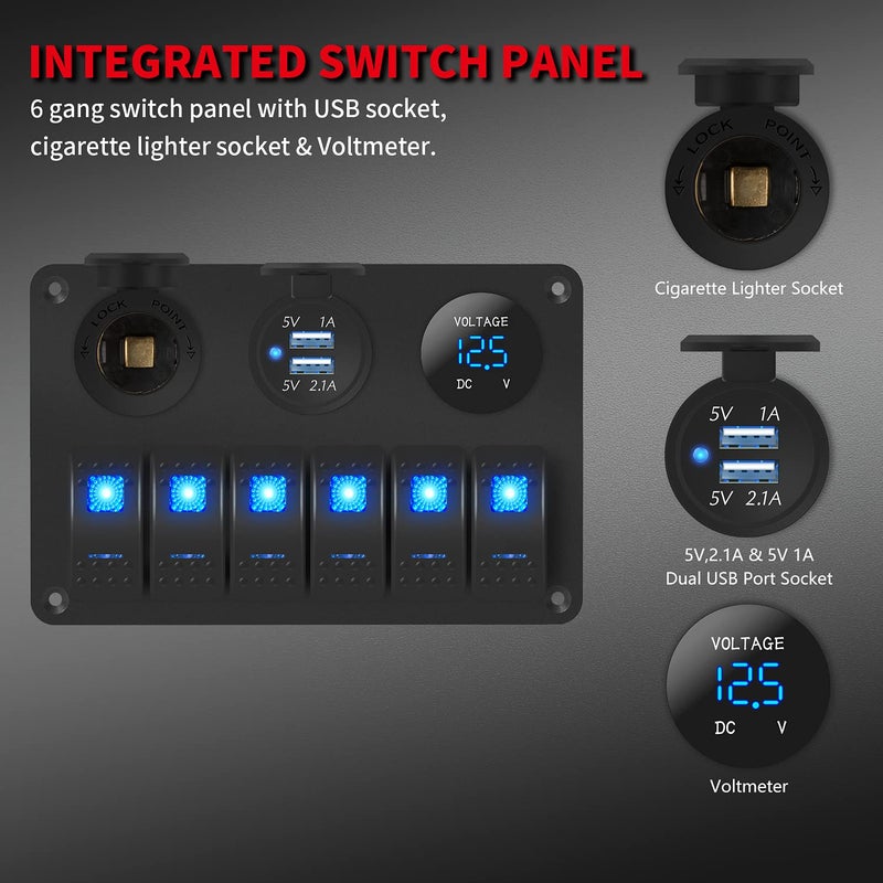 DaierTek 6 Gang Marine Rocker Switch Panel Waterproof 12 Volt, Boat Toggle Switch Panel 12V Blue LED Lighted for Boat Car RV UTV with USB Cigarette Lighter Socket Voltmeter - Image 3