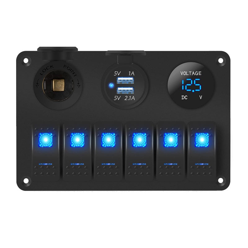 DaierTek 6 Gang Marine Rocker Switch Panel Waterproof 12 Volt, Boat Toggle Switch Panel 12V Blue LED Lighted for Boat Car RV UTV with USB Cigarette Lighter Socket Voltmeter - Image 1