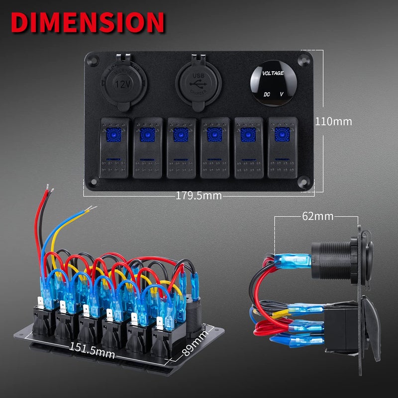 DaierTek 6 Gang Marine Rocker Switch Panel Waterproof 12 Volt, Boat Toggle Switch Panel 12V Blue LED Lighted for Boat Car RV UTV with USB Cigarette Lighter Socket Voltmeter - Image 2