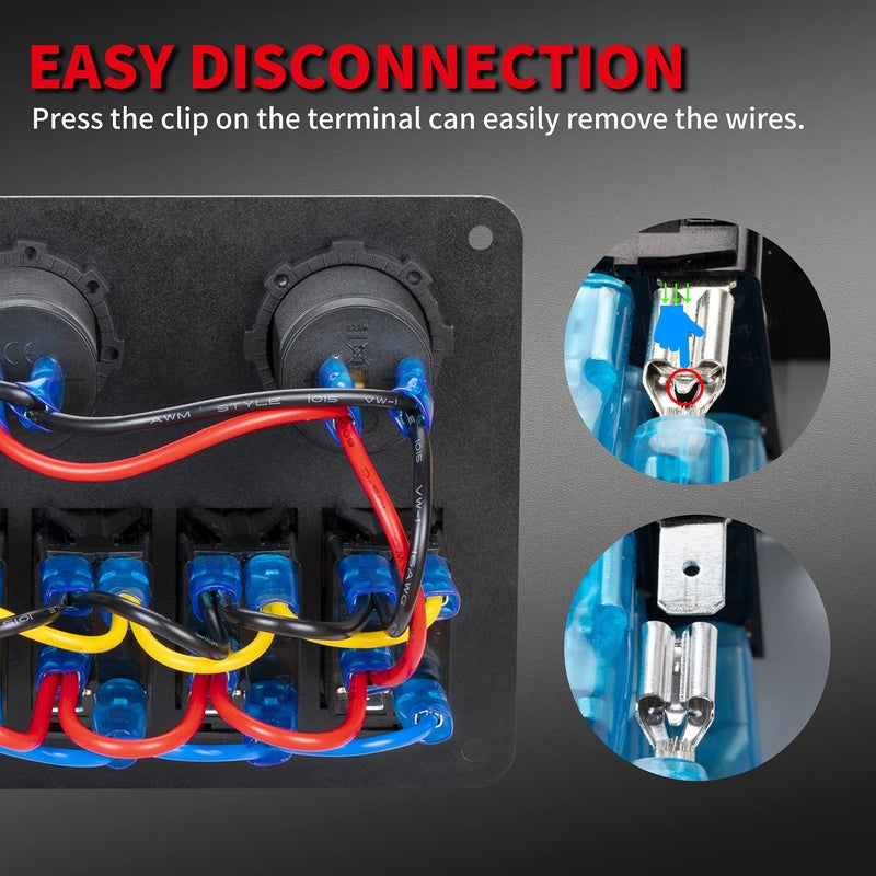 DaierTek 6 Gang Marine Rocker Switch Panel Waterproof 12 Volt, Boat Toggle Switch Panel 12V Blue LED Lighted for Boat Car RV UTV with USB Cigarette Lighter Socket Voltmeter - Image 5