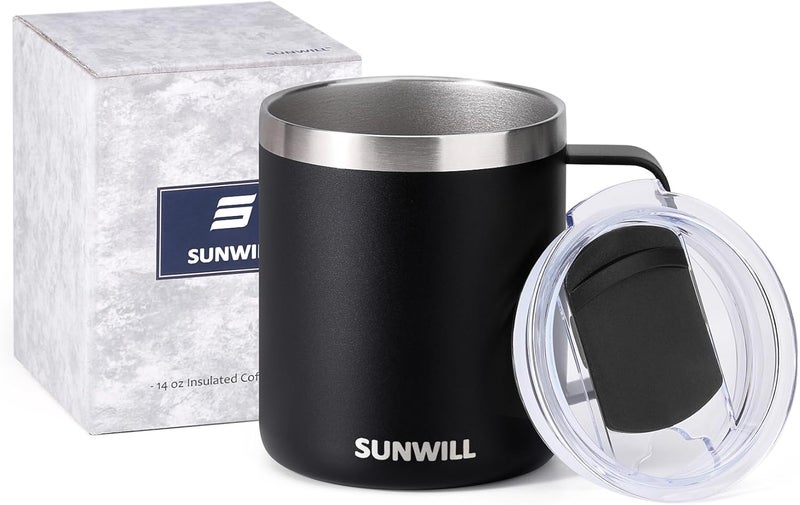 SUNWILL Travel Coffee Mug with Lid, Insulated Tumbler with Handle, 14oz Stainless Steel Cup for Camping, Outdoor, Powder Coated Black - Image 5