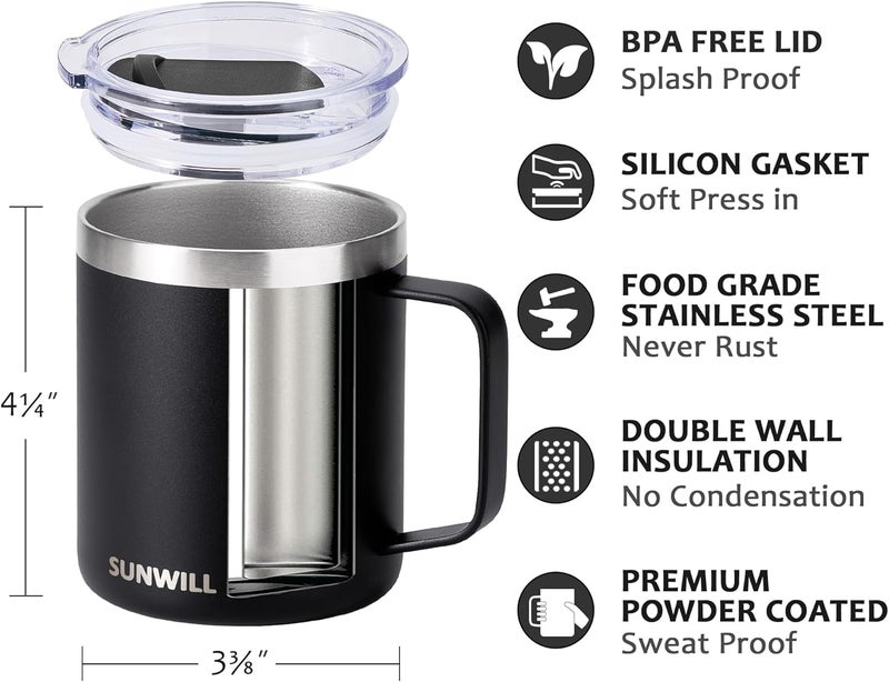 SUNWILL Travel Coffee Mug with Lid, Insulated Tumbler with Handle, 14oz Stainless Steel Cup for Camping, Outdoor, Powder Coated Black - Image 2