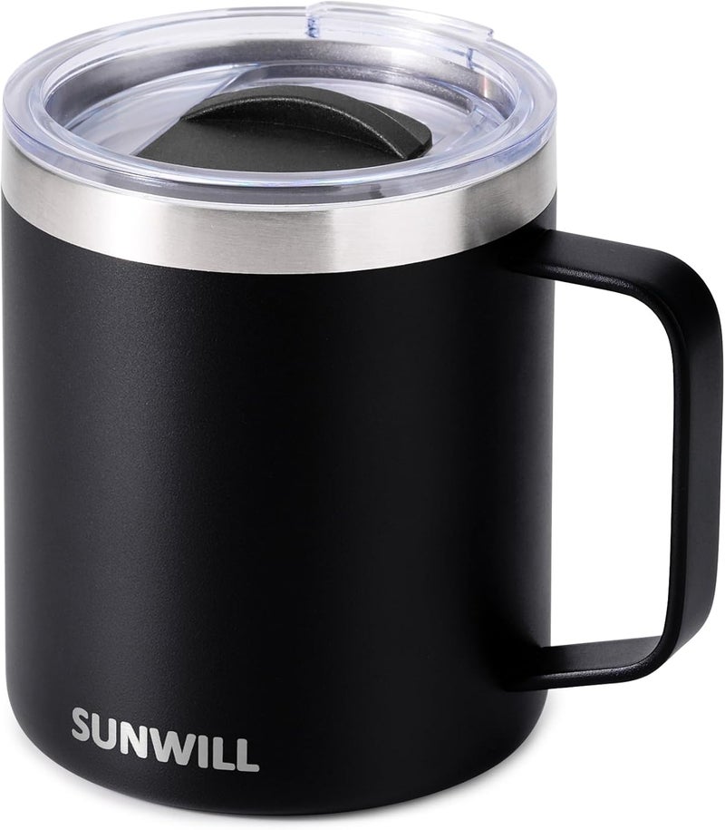 SUNWILL Travel Coffee Mug with Lid, Insulated Tumbler with Handle, 14oz Stainless Steel Cup for Camping, Outdoor, Powder Coated Black - Image 1