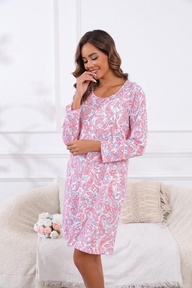 PNAEONG 3 Pack Women's Nightgown, Long Sleeve Sleep Shirts Comfy Soft Nightshirt Women Pajama Sleep Dress Cotton Sleepwear, Star+Purple+Pink Paisley-S - Image 5
