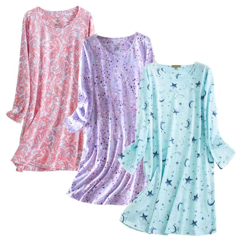 PNAEONG 3 Pack Women's Nightgown, Long Sleeve Sleep Shirts Comfy Soft Nightshirt Women Pajama Sleep Dress Cotton Sleepwear, Star+Purple+Pink Paisley-S - Image 1