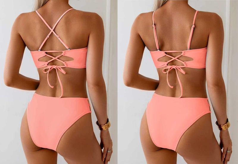 Tainehs Women's Two Piece Removable Strap Bikini Sets Lace Up Bandeau Swimsuit Cheeky Bathing Suits Coral Pink - Image 4