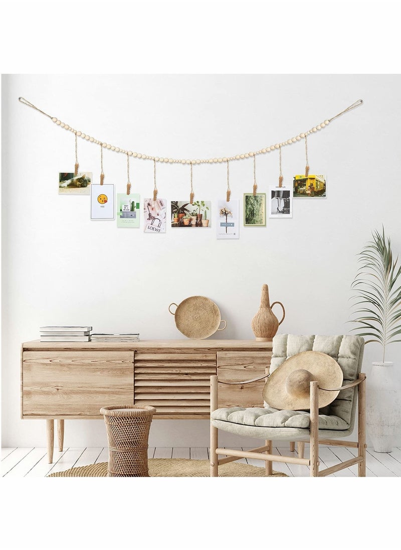 Captaintech Wall Hanging Photo Display, 2PCS with Wooden Beads Garland, Collage Picture Frame for Boho Wall Decoration, DIY Photo Holders with 9 Wood Clips, Rustic Country Decor, Home Nursery Room Dorm Decor  - Image 1