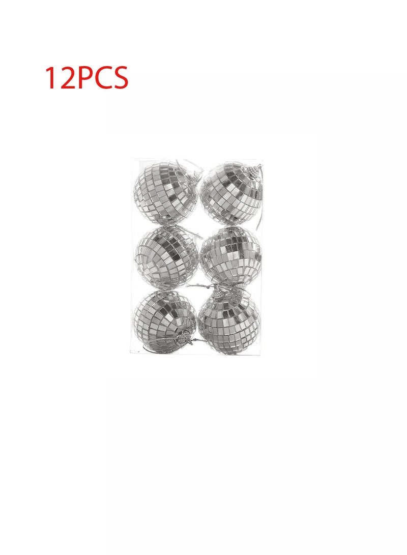 اعاره 12 قطعة من الكرات الفضية المزخرفة، كرات ديسكو، كرات مرآة مع حبال لتزيين الحفلات وأعياد الميلاد وحفلات الزفاف والتجمعات العائلية - Image 1