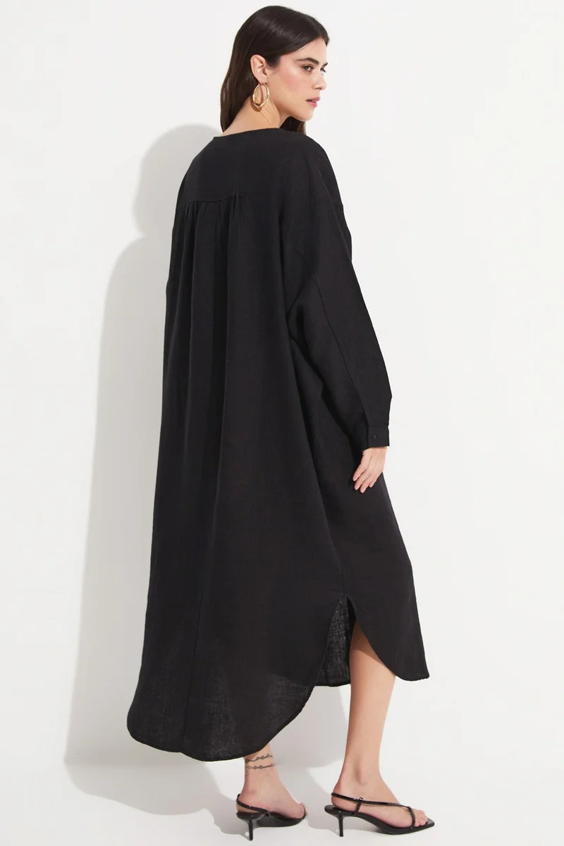 جون Exclusive 100% Linen Dress with Slit Detail