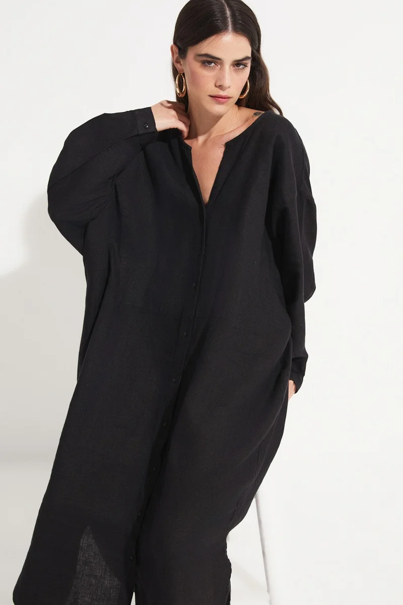 جون Exclusive 100% Linen Dress with Slit Detail
