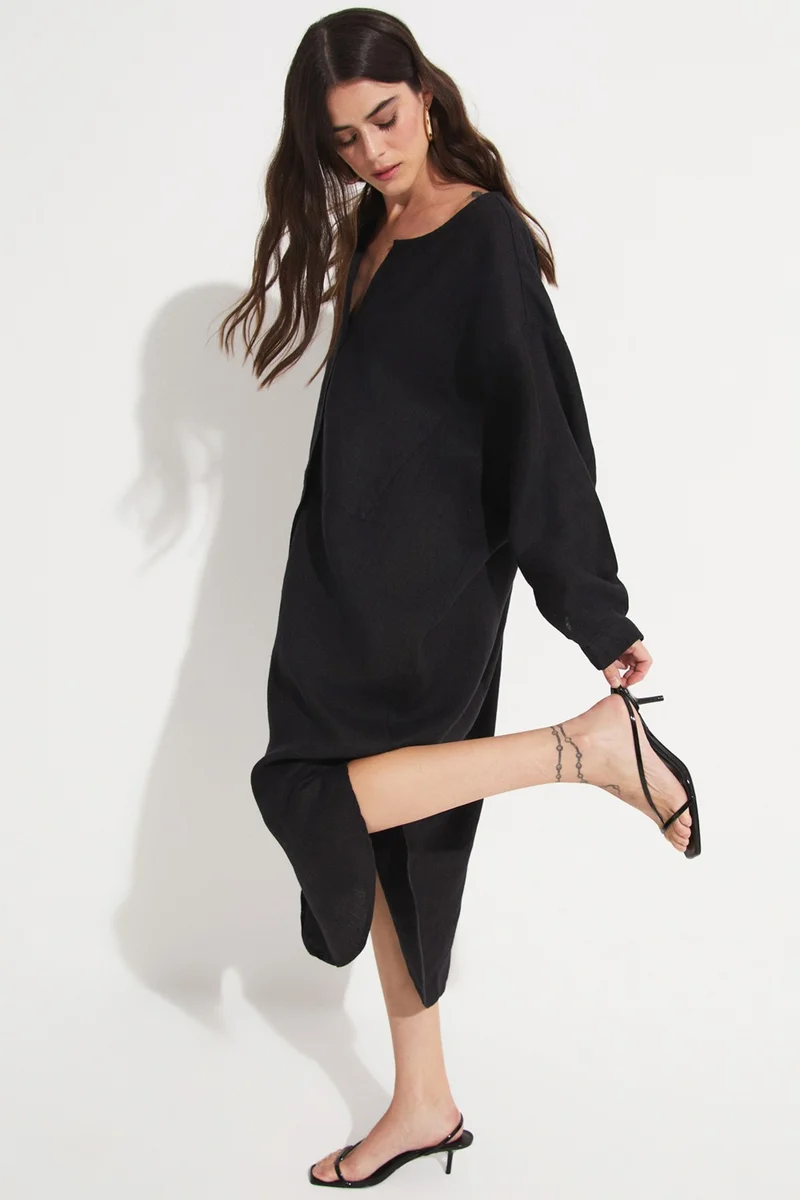 جون Exclusive 100% Linen Dress with Slit Detail