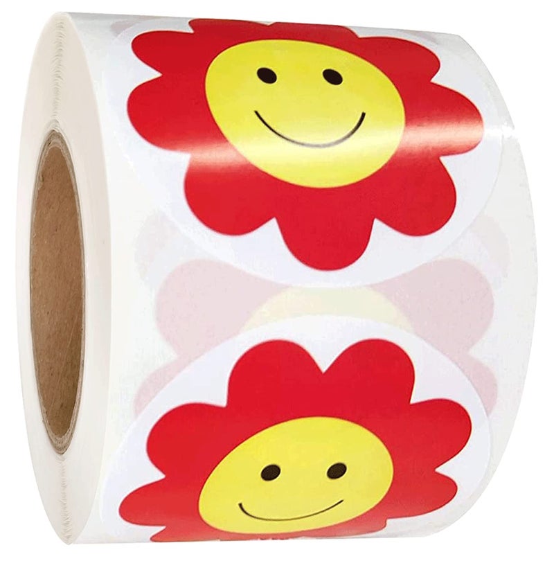 Yellow Face Stickers 2 Inch Red Flower Happy Face Sticker  Teacher Reward Stickers Circle Sticker 500 Round Happy Labels
