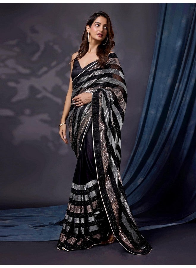 TRENDMALLS ساري حرير مزين بخيوط لامعة للنساء مع قطعة بلوزة (K1111-أسود-زفاف-حفلة) - Image 5