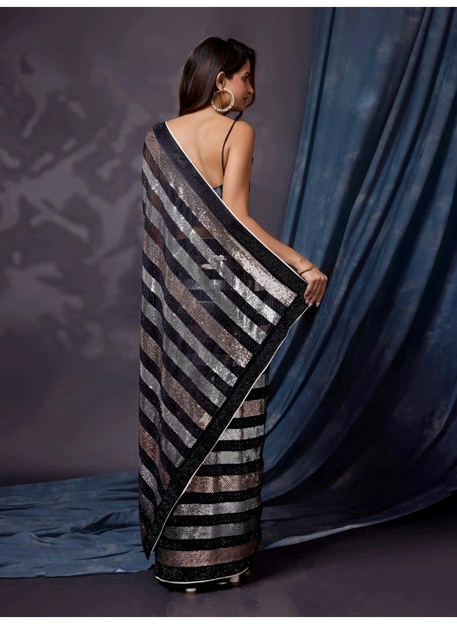 TRENDMALLS ساري حرير مزين بخيوط لامعة للنساء مع قطعة بلوزة (K1111-أسود-زفاف-حفلة) - Image 2