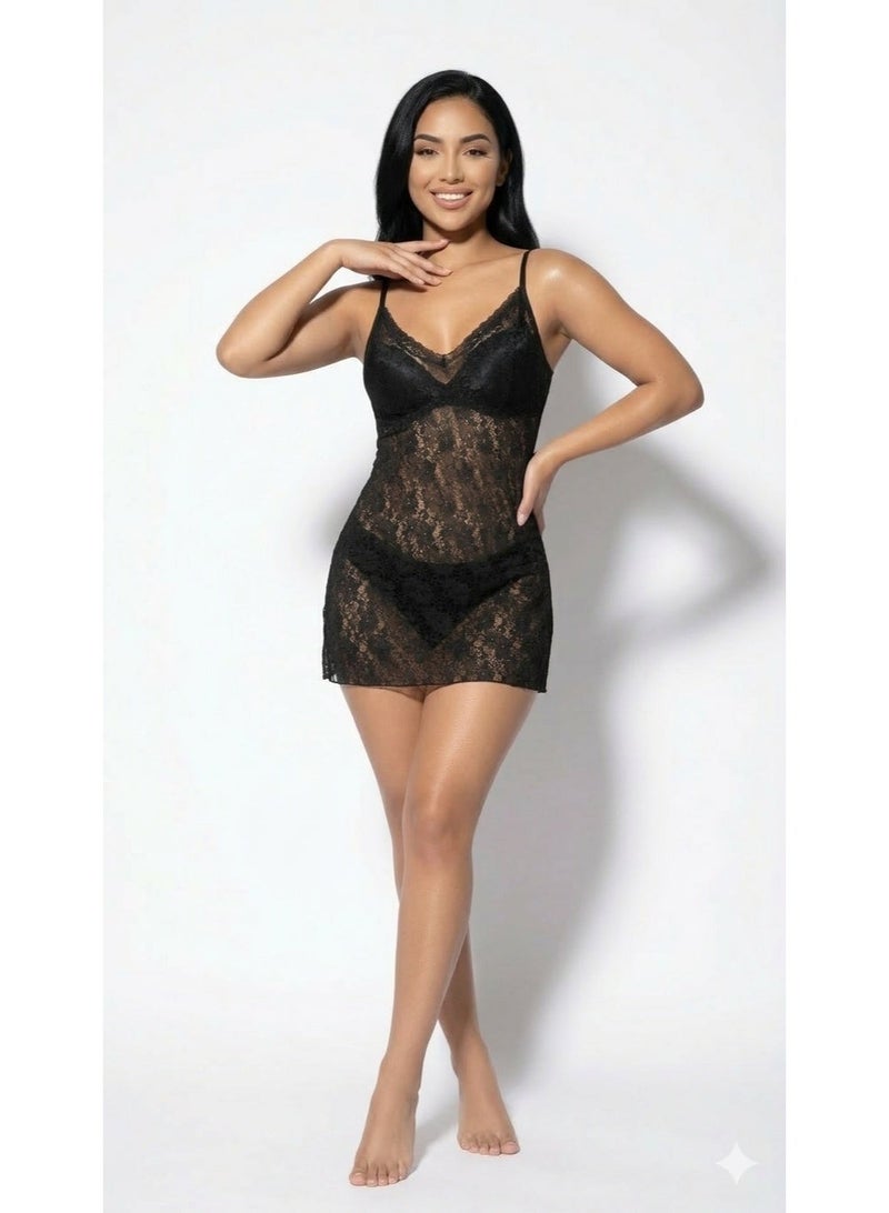 MANIKAN Women's Sexy Lingerie Sheer Lace Camisole Mini Dress, Floral Lace, V-Neck, Spaghetti Strap Black - Image 3
