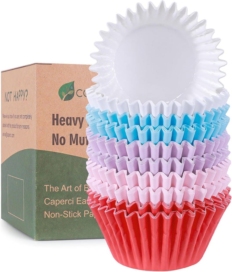 Caperci Heavy Duty Multicolor Jumbo Cupcake Muffin Liners for Baking - 100pcs Large Grease-Resistant Paper Baking Cups, No Muffin Pan Needed, Odorless, Easily Peels (Bright Assorted Colors) - Image 1