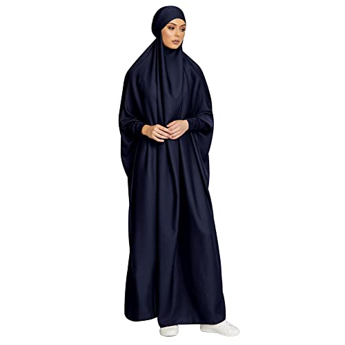 IKADEX Jilbab for Muslim Women Hooded Abaya Kaftan Dress Hijab Chador OnePiece Loose Fit Arabic Islamic Prayer Robe Navy Blue - Image 1