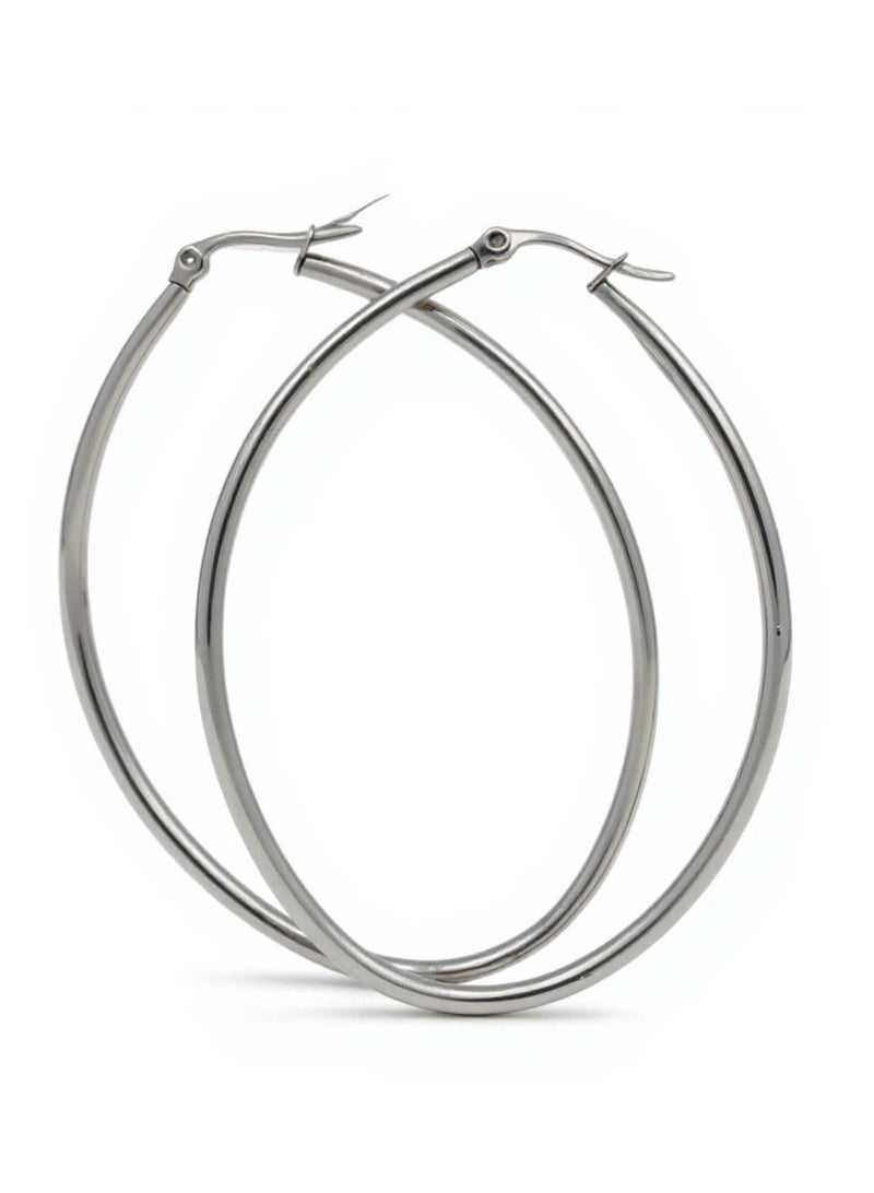 Clé de Lune Minimalist Oval Hoop Earrings- Silver - Image 1