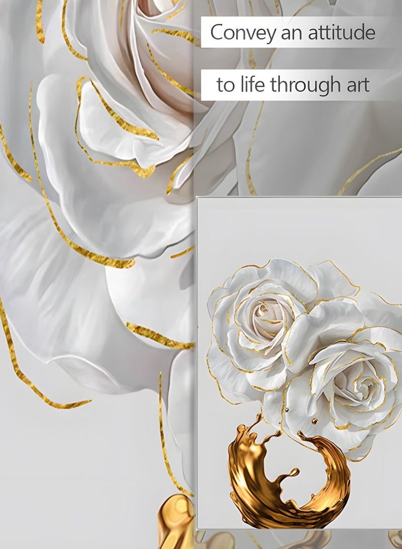 ميكسد ثلاث مجموعات من اللوحات الجدارية المطبوعة ، والزهور البيضاء والورق الذهبي النفط الطلاء ، غرفة نوم ، غرفة المعيشة الجدار الفن ، مكتب الجدار الديكور ، 40x60cm ( الأساسية فقط اللوحة ) - Image 5