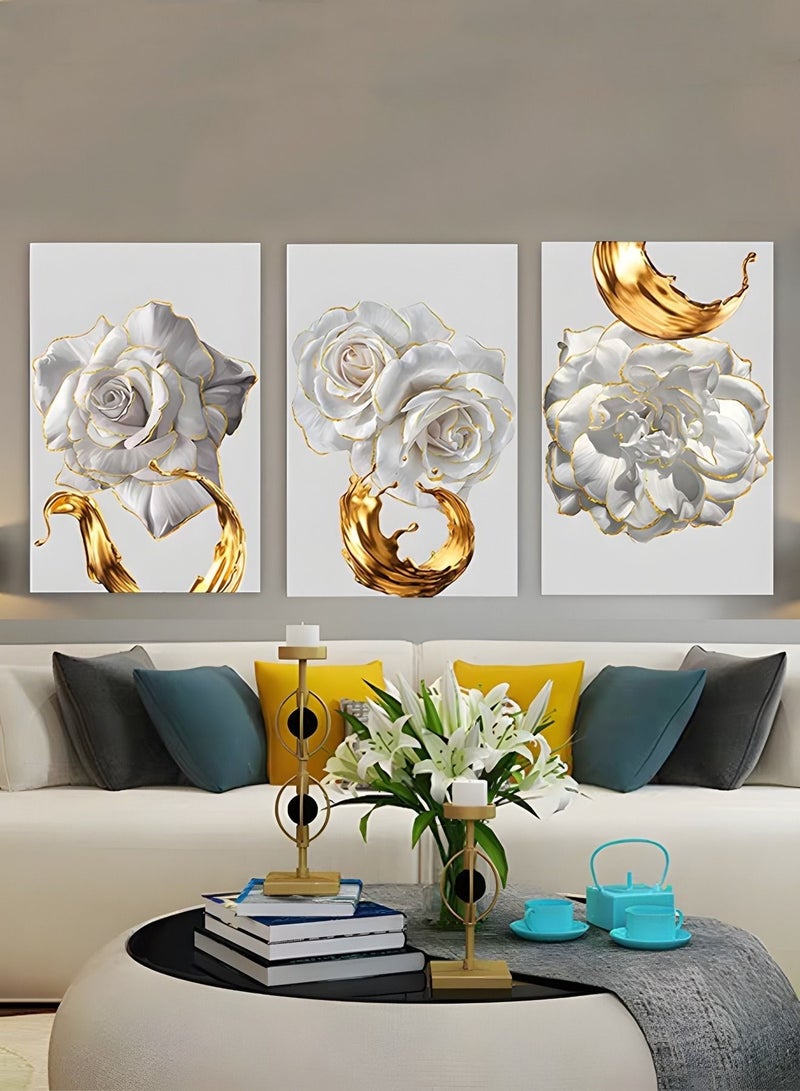ميكسد ثلاث مجموعات من اللوحات الجدارية المطبوعة ، والزهور البيضاء والورق الذهبي النفط الطلاء ، غرفة نوم ، غرفة المعيشة الجدار الفن ، مكتب الجدار الديكور ، 40x60cm ( الأساسية فقط اللوحة ) - Image 2