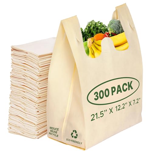 Simply Cool 300 Pack Reusable Eco-Friendly Grocery T-Shirt Shopping Bags 21.5”x12.2”x7.2” Durable Recyclable Washable Foldable Portable Tote Bags Bulk - Image 1