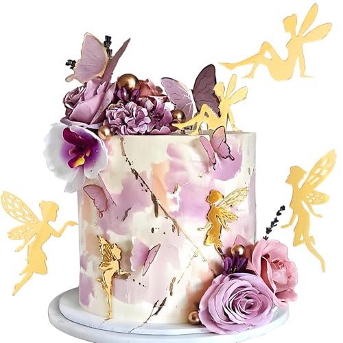 Wolpark 12 PCS Fairy Cake Topper Acrylic Fairy Cake Decorations DIY Mirror Birthday Party Decorations Cupcake Toppers for Flower Decor Birthday Party Garden Gold Silver Back to School - Image 1