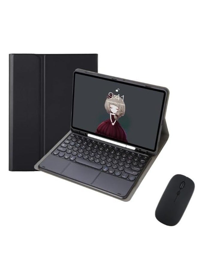 Arabic and English Keyboard Case Compatible with Samsung Galaxy Tab S9 FE 11 inch 2023, Retro Round Key with Mouse Color Keyboard With Detachable Touch Keyboard Cover (Black-mouse) 