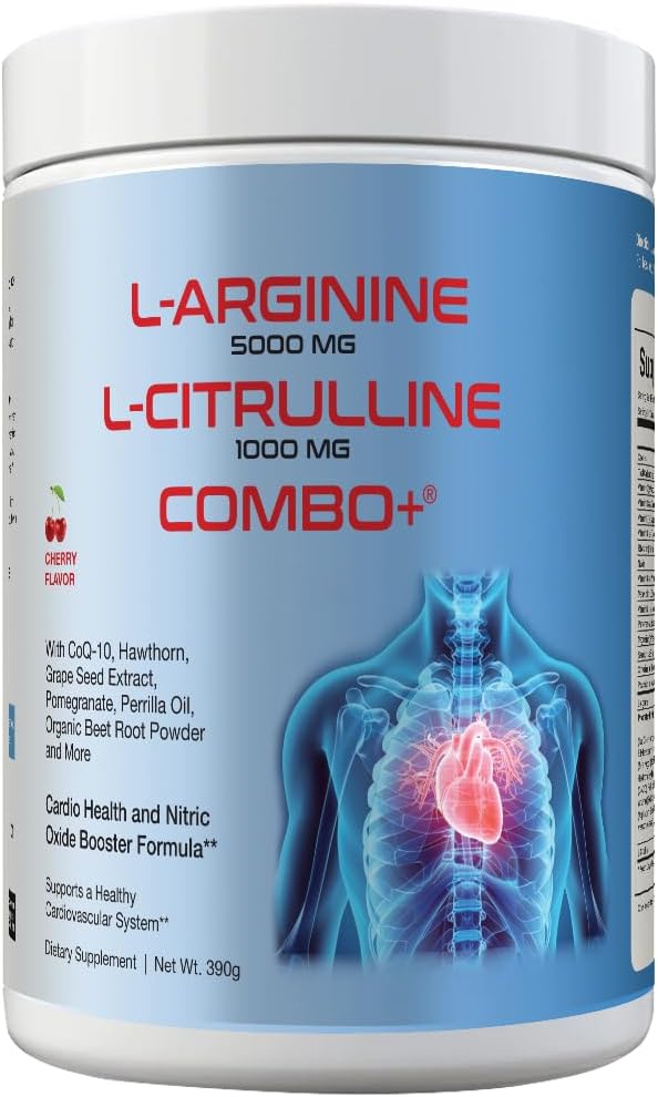 Cardio 911 مجموعة L-أرجينين 5000 ملغ و L-سيترولين 1000 ملغ مشروب مختلط بنكهة الكرز مع فيتامينات B12 و C و D3 وتورين و CoQ10 وجذر الشمندر 30 حصة مكمل لدعم أكسيد النيتريك وصحة القلب والأوعية الدموية 390 غرام - Image 1