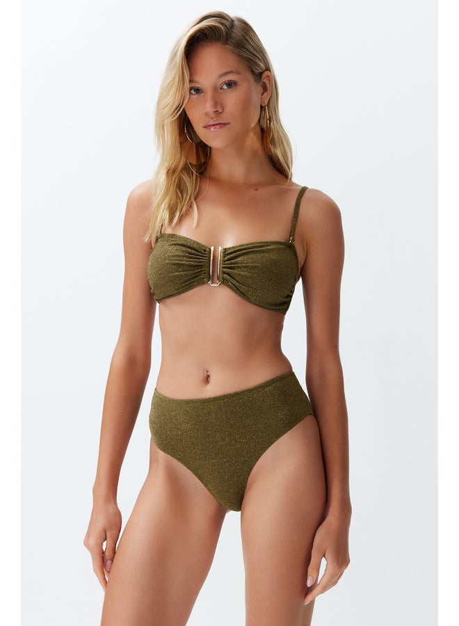 trendyol Khaki Strapless Accessory Glitter Premium Fabric Brazilian Bikini Set TBESS24BT00054 - Image 1