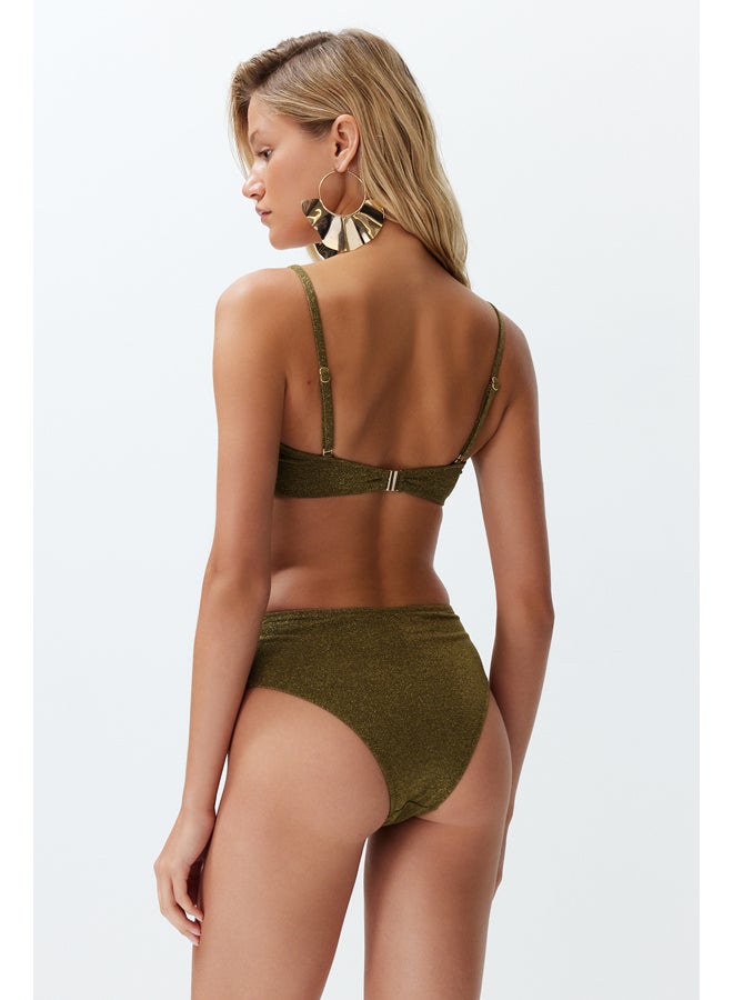 trendyol Khaki Strapless Accessory Glitter Premium Fabric Brazilian Bikini Set TBESS24BT00054 - Image 5