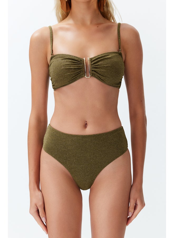 trendyol Khaki Strapless Accessory Glitter Premium Fabric Brazilian Bikini Set TBESS24BT00054 - Image 4