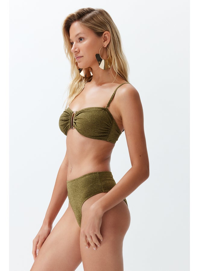 trendyol Khaki Strapless Accessory Glitter Premium Fabric Brazilian Bikini Set TBESS24BT00054 - Image 2
