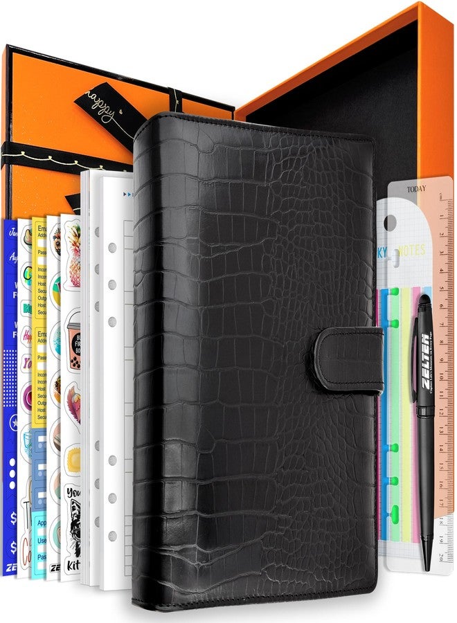 Zelten PU Leather Personal Notebook Planner with 80 Pages Loose-Leaf Papers 6 Holes Ring Binder Pen Holder Magnetic Buckle (Black Faux Crocodile Texture, A5 Gift Box) - Image 1