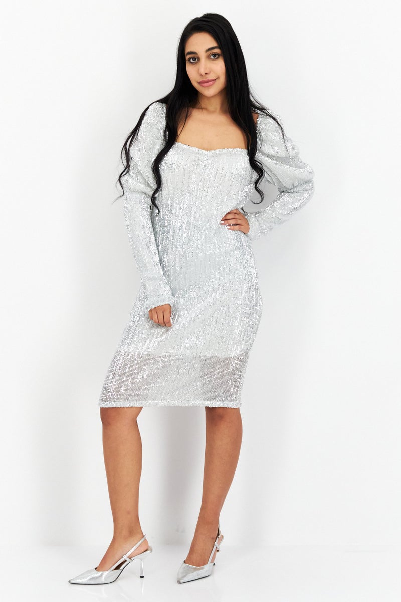 NA-KD Women Textured Midi Dress, Silver - Image 2